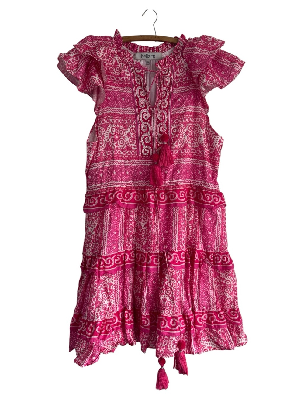 Bella Tu 100% Cotton Ruffle Trim Boho Tassel Mini Dress Pink and White Size M